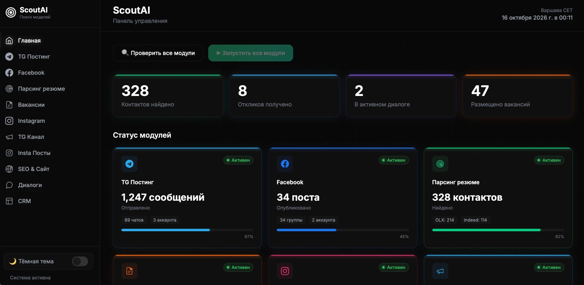Интерфейс Scout AI: панель управления с модулями поиска